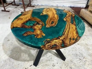 Ocean Epoxy Resin Round Dining Table - Burl Maple & Blue River Epoxy Desk - Picture 1 of 10