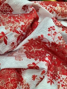 Red Floral Brocade Fabric By The Yard White Organza Fashion Prom Bridal DRESS - Picture 1 of 13