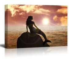 Canvas Prints Wall Art - A Mermaid Sitting on the Rock During Sunset - 16" x 24"