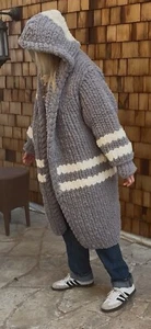 ONE OF A KIND HANDKNIT SUPER SOFT EXTREMELY WARM LONG HOODED CARDIGAN COAT - Picture 1 of 12