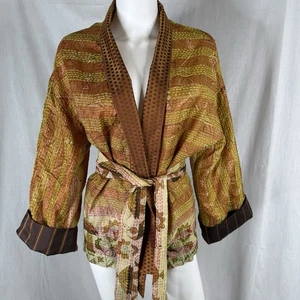 Obidi Made in Italy Silk Floral Artsy kimono belted jacket top stitch stripe XL - Picture 1 of 17
