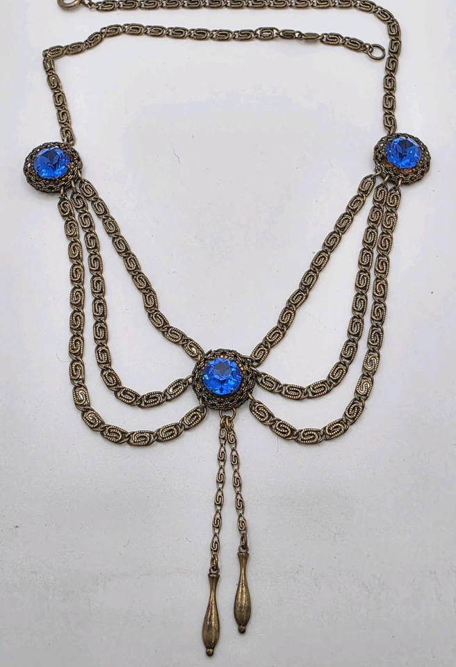 Conjunto de puntas de cristal azul festón Art Deco vintage de tres niveles collar de eslabones de latón Foto 1 de 4