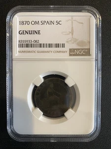1870 OM Spain 5 Centimos NGC Genuine - Picture 1 of 2