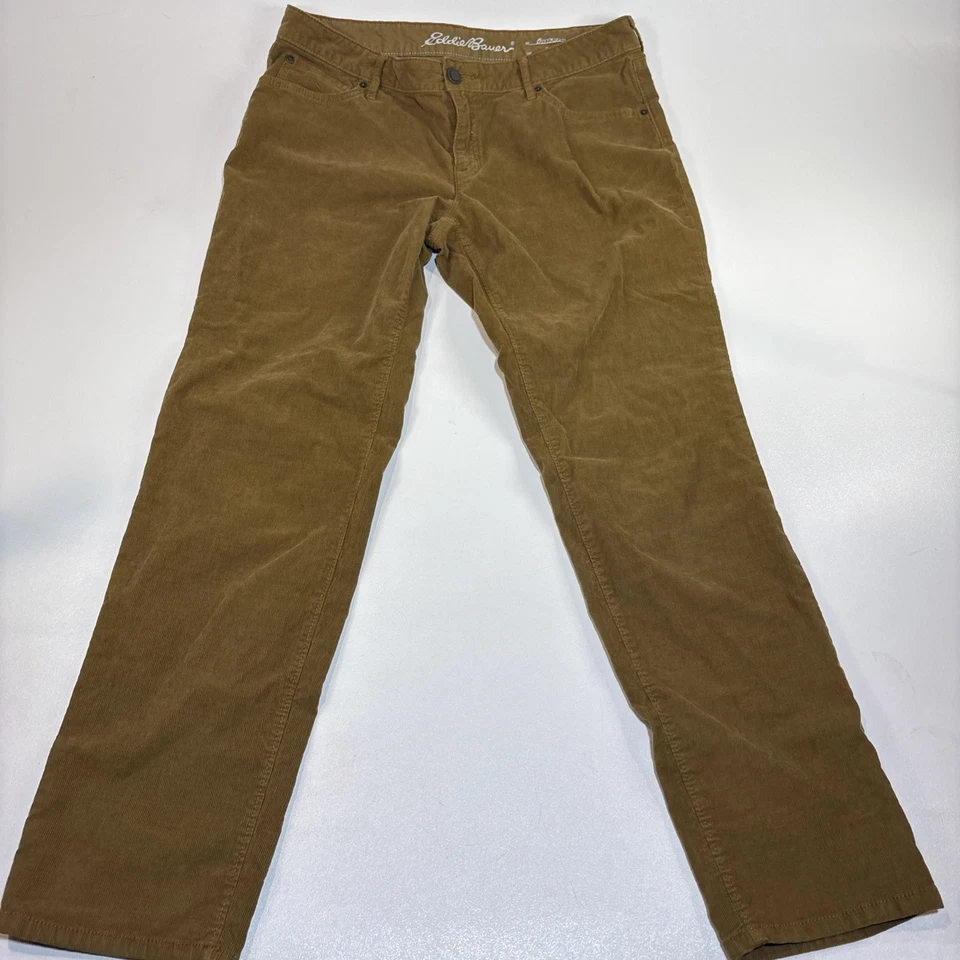 Pantalones de mujer Eddie Bauer 10 beige novio ajustados pana botón logotipo spandex Foto 1 de 4
