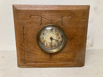 Antique Wooden Mantle Clock Oak Frame Brass Bezel Vintage Desktop Style - Image 1 of 4