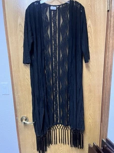 Lore Mae Black 1/2 Sleeve Fringed Sheer Open Front Coverall Duster S M - Picture 1 of 8