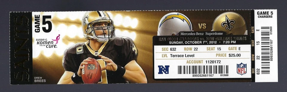 DREW BREES - 48 JUEGOS CONSECUTIVOS CON CARGADORES DE TOUCHDOWN @ SAINTS BOLETO COMPLETO Foto 1 de 1