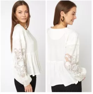 Free People Embroidered Sheer Balloon Sleeve Penny Tee Medium White Cottagecore - Picture 1 of 9