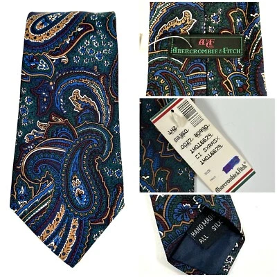 NUEVO CON ETIQUETAS Corbata de Seda Abercrombie & Fitch Cuello Para Hombre Paisley Azul Verde Dorado Foto 1 de 4
