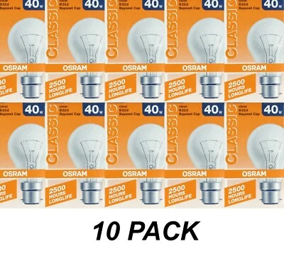 10 x 40W Incandescent Light Globes Bulbs B22 Bayonet Warm White Dimmable Clear - Image 1 of 2