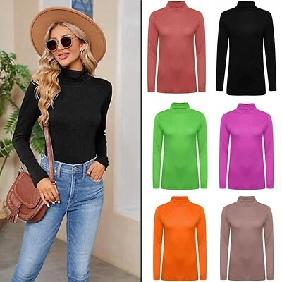 LADIES WOMENS POLO NECK ROLL NECK TURTLE NECK PLAIN JUMPER TOP LONG SLEEVE 8-26 - Image 1 of 2