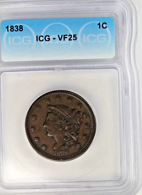 1838 Coronet Head  Large Cent : ICG VF25 - Image 1 of 4