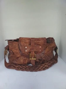 Vintage Distressed Brown Leather Hobo Bag with Braided Strap and Gold Hardware - Picture 1 of 8