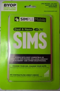 Simple Mobile by T-Mobile 4G LTE Bring Your Own Phone Sim Card Dual & Nano Sims - Picture 1 of 2