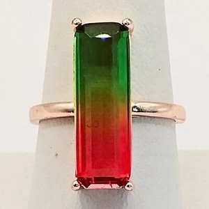 Womens Watermelon Tourmaline Silver Plated Ring Size 9 Baguette Colorful Bicolor - Picture 1 of 7