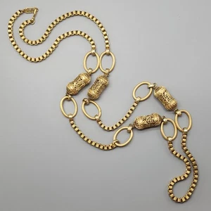 Vtg YSL Long Necklace Box Chain Filigree Gold Tone Yves Saint Laurent Pill Beads - Picture 1 of 16