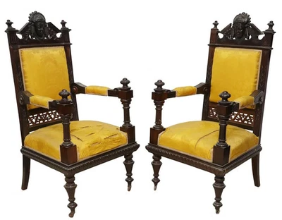 Antique Armchairs, (2) Victorian, Figural,  Carved, Upholstered, 19th C,  1800s! - Image 1 of 3