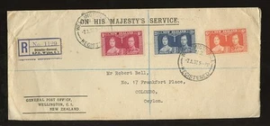 NEUSEELAND 1937 OHM REGISTRIERT nach CEYLON...OFFIZIELLES SIEGEL...KG6 KRÖNUNGSSET - Bild 1 von 1