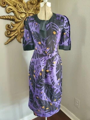 DE COLECCIÓN AÑOS 80 HANAE MORI PÚRPURA + NEGRO JUNGLA SAFARI LINO PUFF SLV CAMISA VESTIDO M L Foto 1 de 4