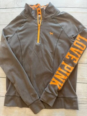 Rosa Victoria Secret Mujer Pequeño Gris 1/4 Cremallera Naranja Logo Athleisure Tejido Foto 1 de 4