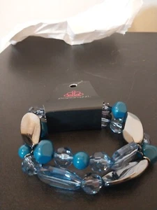 New Paparazzi Double Silver Tone Silver Blue Clear Beaded Stretch Bracelet  - Picture 1 of 8