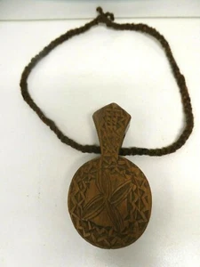 EARLY WOODEN CARVED OCEANIC PACIFIC ISLAND CARVED TALISMAN WOVEN HAIR NECKLACE - Picture 1 of 10