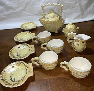 Vintage Porzellan Keramik Muschel Teeservice 11 Teile Kanne Milchkännchen Zuckertassen Untertassen - Bild 1 von 12
