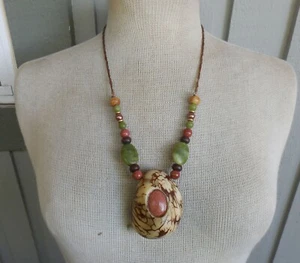 Tagua Secret Pipe Necklace w/ Goldstone Serpentine Jade  Beads Adjustable Length - Picture 1 of 13