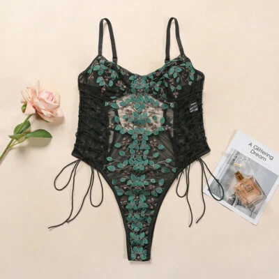 Womens Ladies Bodysuit Embroidered Lace Up Sheer Strap Floral Lingerie Top - Image 1 of 4