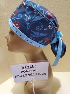 Flowers (red/white/blue) Women's Ponytail Surgical Scrub Hat/Cap Handmade - Picture 1 of 9