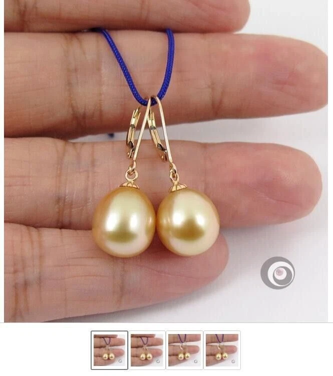 Precioso Un Par de Pendientes Aaa 8x10mm Natural Mar Genuino Perla Dorada Oro 14k. Foto 1 de 1