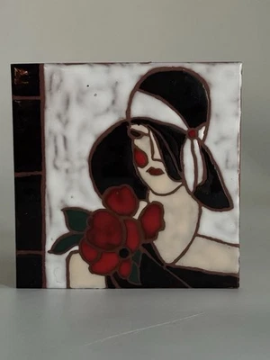 Azulejo trivet de cerámica vintage italiano Art Deco para mujer DCI Italia flores rojas Foto 1 de 4