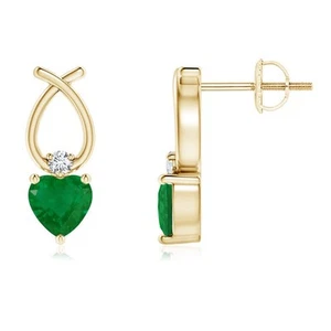 ANGARA 0.43 Ct Heart Shaped Emerald Ribbon Earrings with Diamond in 14K Gold - Picture 1 of 25