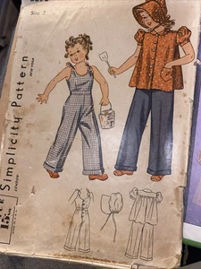 1930s Simplicity Sewing Pattern 3398 Girls Overalls Smock Bonnet Sz 8 Antq - Picture 1 of 6