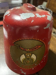 Vintage AL CHYMIA Shriners metallo rosso Fez cappello coin bank RARO Memphis, Tennessee - Foto 1 di 5