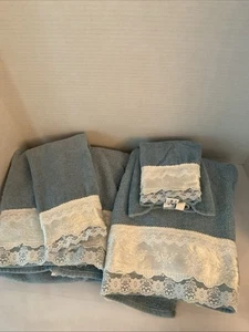 4tlg Vintage Cannon Blue Handtuch Set, weiße Spitzenborte 2Bad, 1Hand, 1Waschlappen - Bild 1 von 7