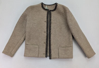 Chaqueta de lana para mujer Salzburger L vintage Austria beige ribete de cuero sin botones Foto 1 de 4