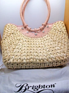 BRIGHTON Leili Dusty Rose/Pink Crocodile Woven Straw Tote Bag w/ Hearts Exc Cond - Picture 1 of 5