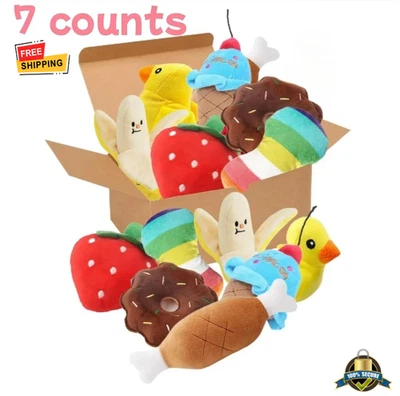 Juego de juguetes de peluche para cachorros de 7 piezas - Juguetes para masticar frutas y verduras chirriantes para perros pequeños Foto 1 de 4