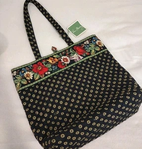Vera Bradley Large Sunflower Tote Bag Quilted Black Floral New Vintage Pocket - Picture 1 of 15