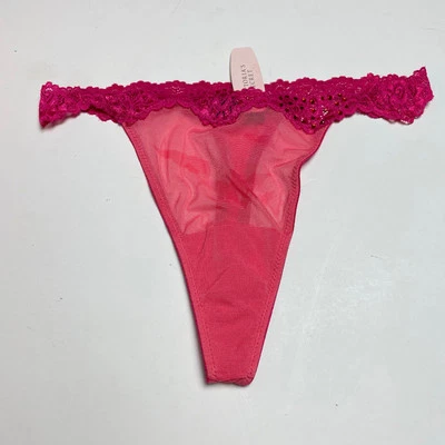 Vintage Victoria's Secret Thong Panties, y2k Pink Mesh Lace Low Rise S NWT - Image 1 of 4