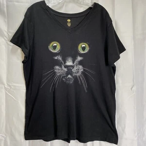 Womens 3X Black Cat Kitten T-Shirt V-Neck Short Sleeve Green Yellow Eyes *READ* - Picture 1 of 9