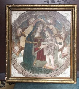 Icono de recuerdo católico Virgen y niño con querubines 1957 enmarcado sin vidrio - Imagen 1 de 12