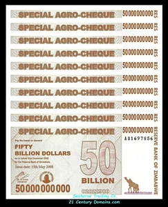 Zimbabwe 50 Billion Dollars Special Agro Cheques X 10 PCS  2008 P-63 Unc Lot - Picture 1 of 4
