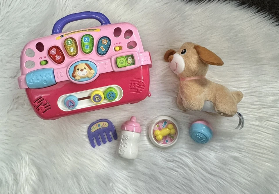 Vtech Care for Me Learning Puppy Carrier Toy Includes Accessories Works Pink Dog - Image 1 of 4