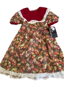 VTG Dress Girls Red Apple Christmas Holiday Prairie Bib Velvet Collar 6 7 NEW - Picture 1 of 9