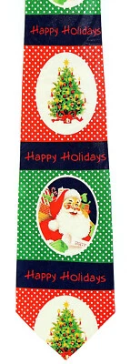 Men's Christmas Neck Tie Happy Holidays Trees Santa Claus Green Blue Necktie  - Image 1 of 3