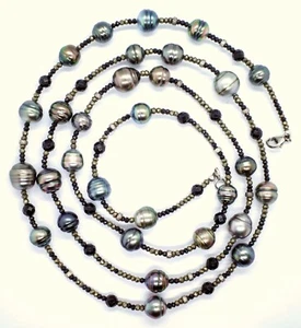 Lange Kette m. 30 Tahiti-Zuchtperlen, 17 Silberapplikationen, Pyrit u.a., 120 cm - Bild 1 von 11