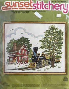 Vtg 1970s Sunset Crewel Embroidery Kit Country Depot Train Station 16 x 20" - Picture 1 of 3