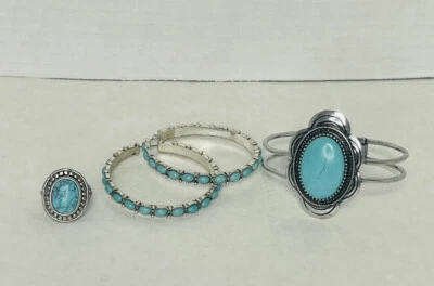 Anillo de disfraz grande turquesa plata sin marca talla 6 brazalete pendientes occidentales Foto 1 de 4